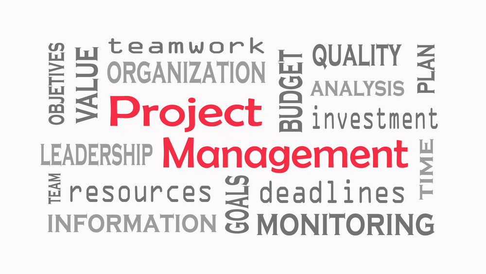 مفهوم سحابة كلمة إدارة المشروع على خلفية بيضاء.
